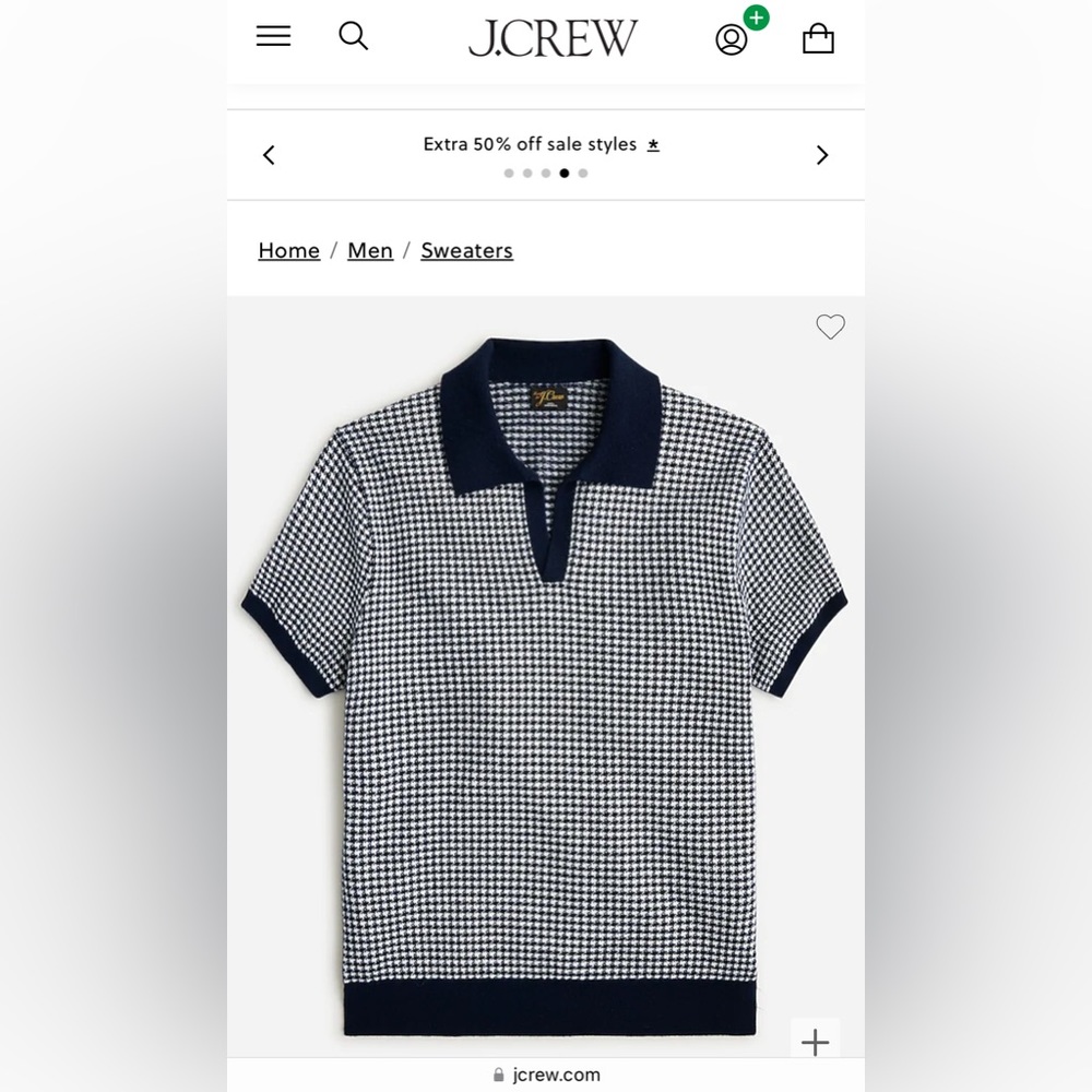 NWT Cashmere short-sleeve sweater-polo in houndstooth Navy Heather Birch